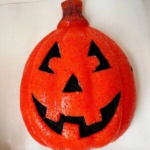 Vintage Jack o’ lantern Pumpkin Melted Plastic Bead Wall Hanging